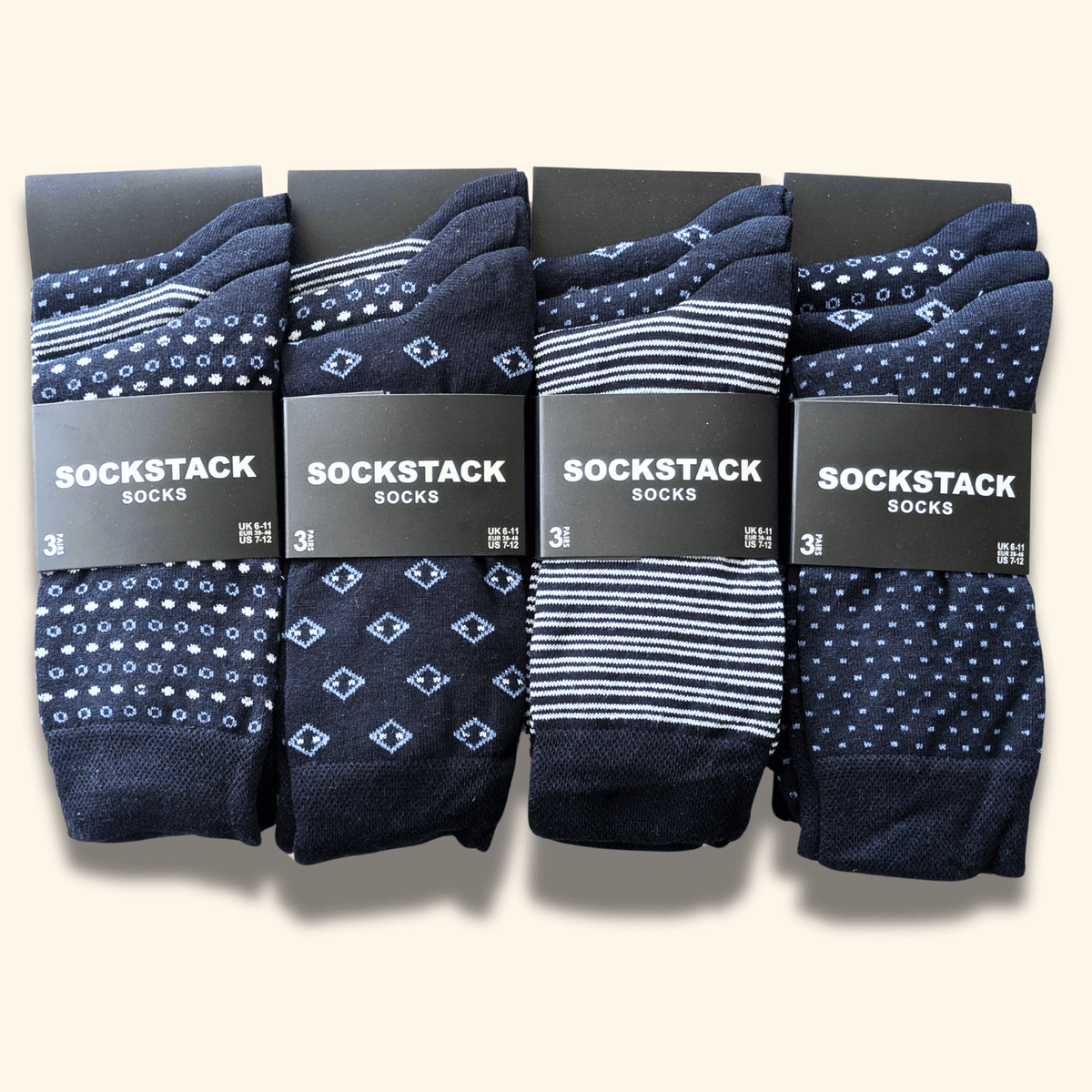 Sock Stack Mens Socks 12 Pairs Cotton Colorful Heel Toe Black Argyle Diamond Easycare