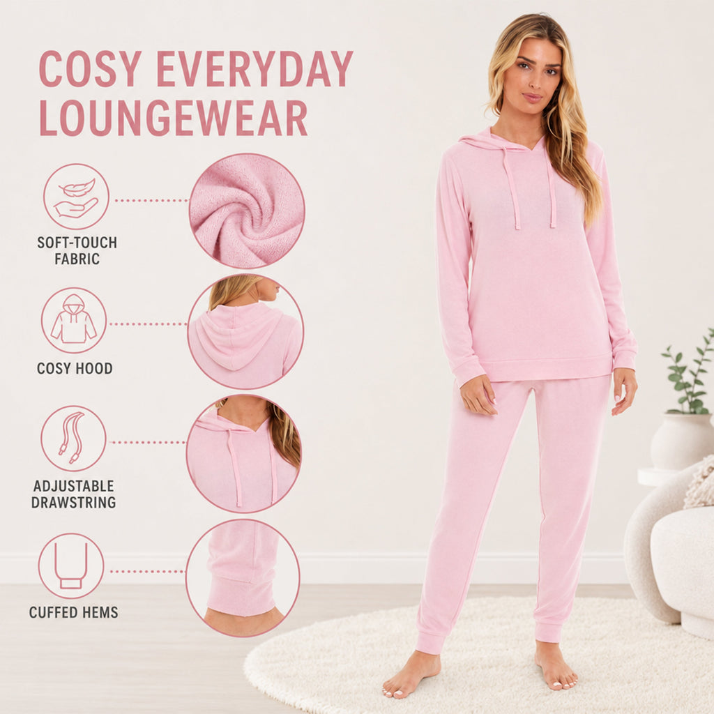 Women's Hooded Pyjama Set, Pink Grey Long Sleeve Hoodie