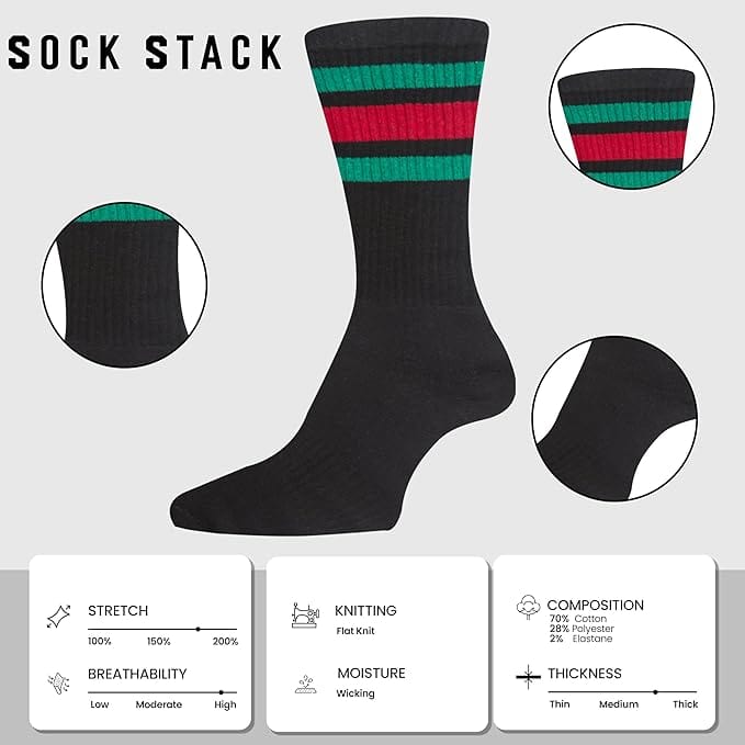 Men's Stripes Sport Crew Socks Cotton Durable Blend 5 Pack For Training