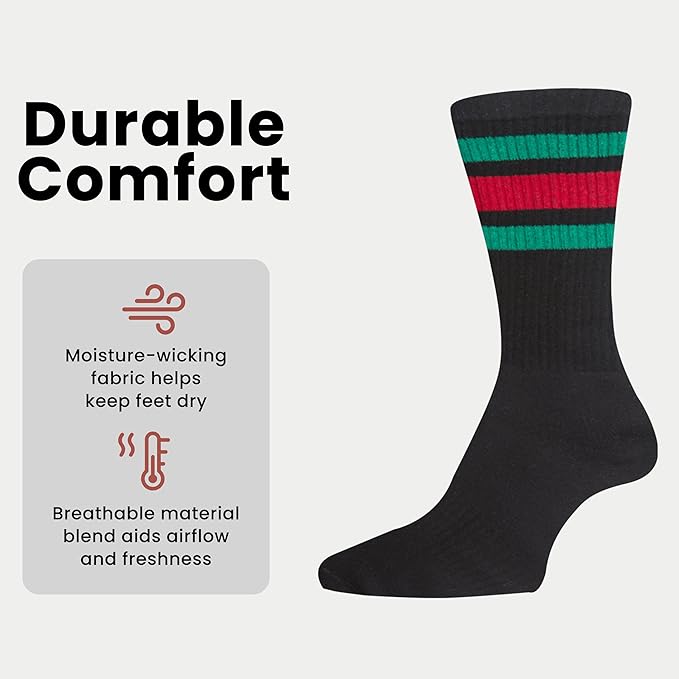 Men's Stripes Sport Crew Socks Cotton Durable Blend 5 Pack For Training