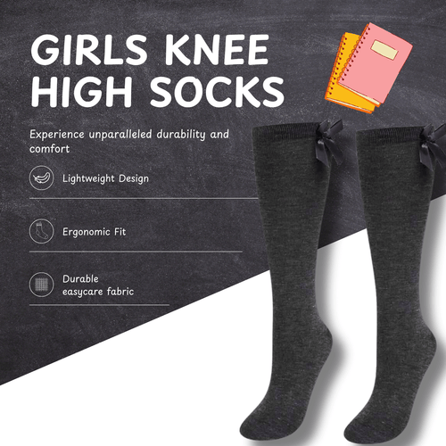 6 Pairs Girls Knee High Socks With Ribbon Bows Cotton Rich For Uniforms