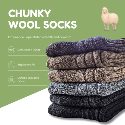 6 Pairs Mens Ultra Chunky Wool Thermal Socks UK 6-11 Assorted