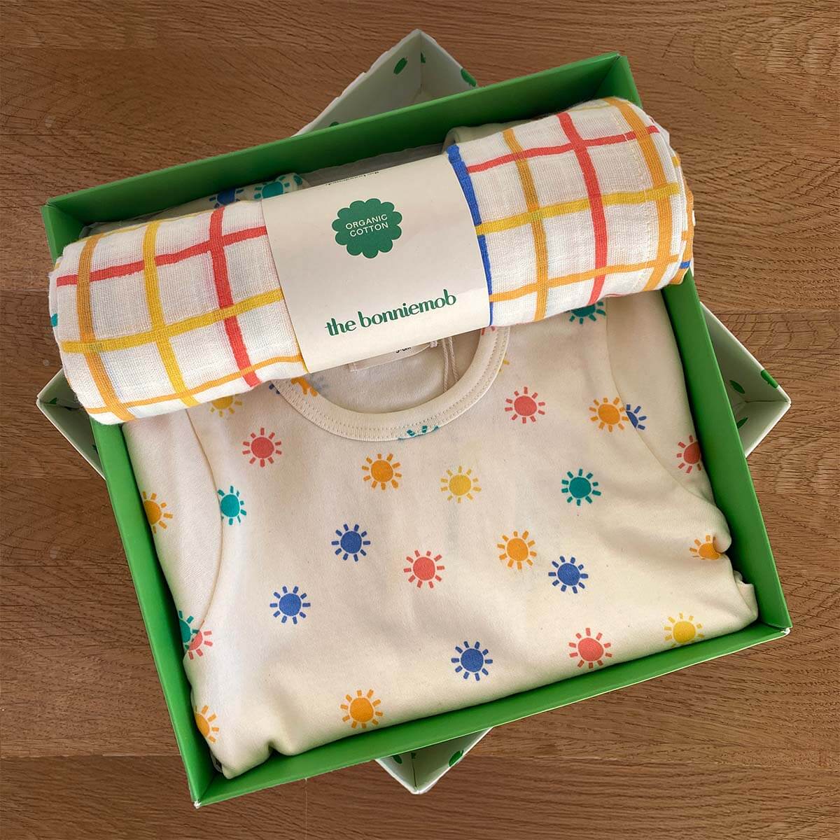 Organic Cotton Rainbow Baby Playsuit & Muslin Swaddle Blanket Gift Box