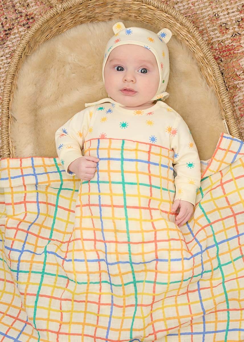 Organic Cotton Rainbow Baby Playsuit & Muslin Swaddle Blanket Gift Box