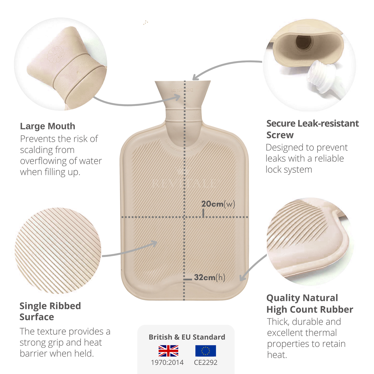 Revitale Natural Rubber Hot Water Bottle with Cosy Fur Cover - 2 Litre