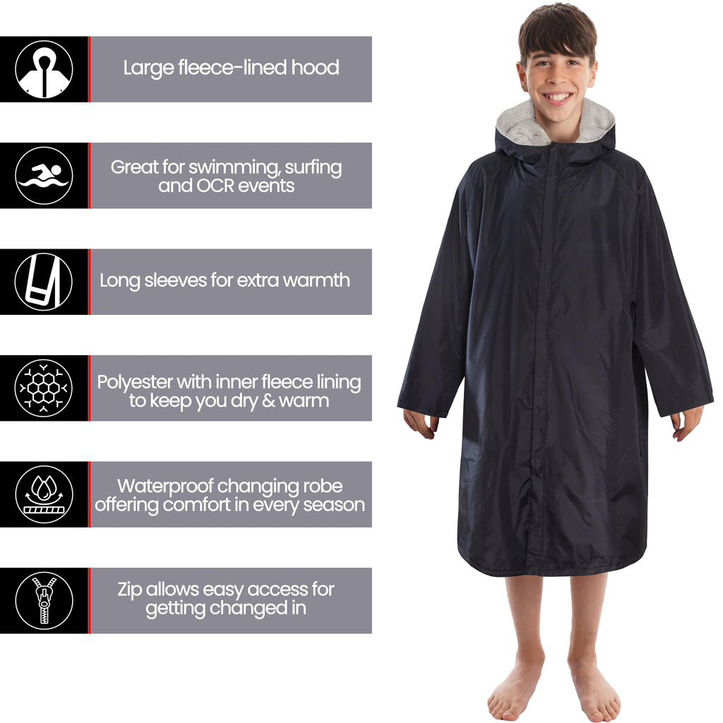 Heatwave Thermalwear Changing Robe Kids Unisex Hooded Coat Black Grey
