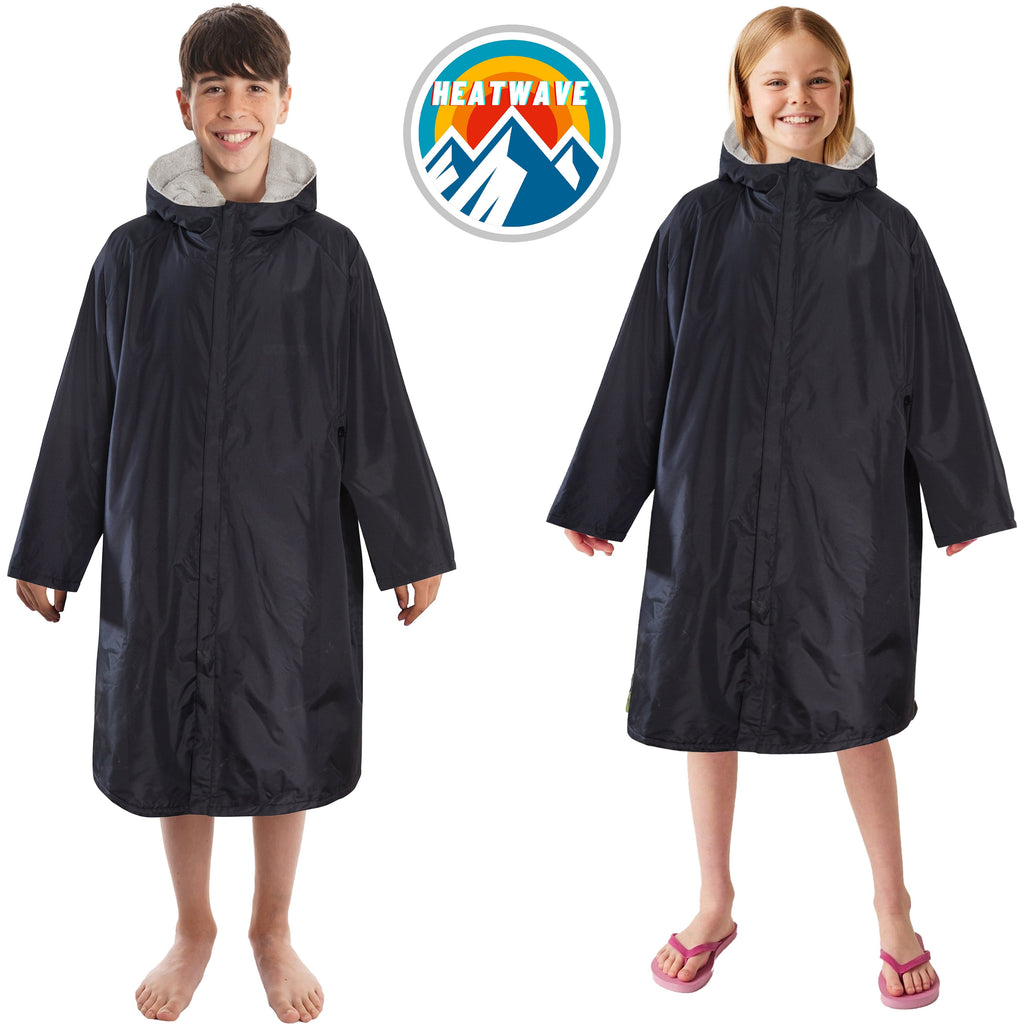Heatwave Thermalwear Changing Robe Kids Unisex Hooded Coat Black Grey