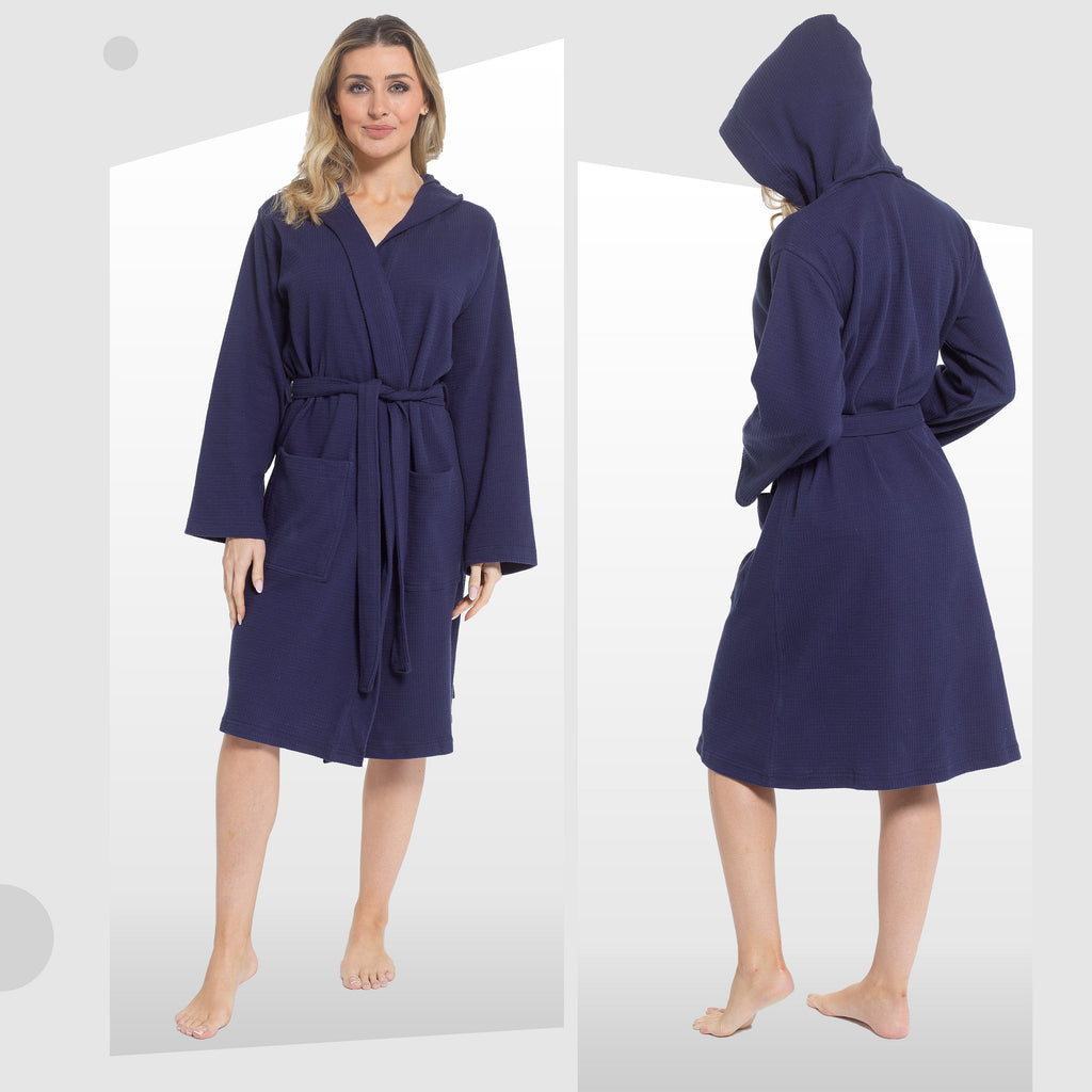 Women's Hooded Waffle Cotton Bathrobe Navy 100% Cotton Super Absorbent Spa