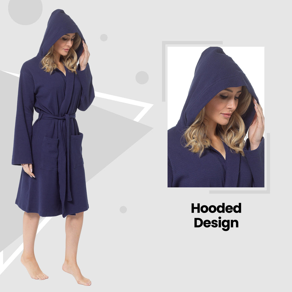 Women's Hooded Waffle Cotton Bathrobe Navy 100% Cotton Super Absorbent Spa