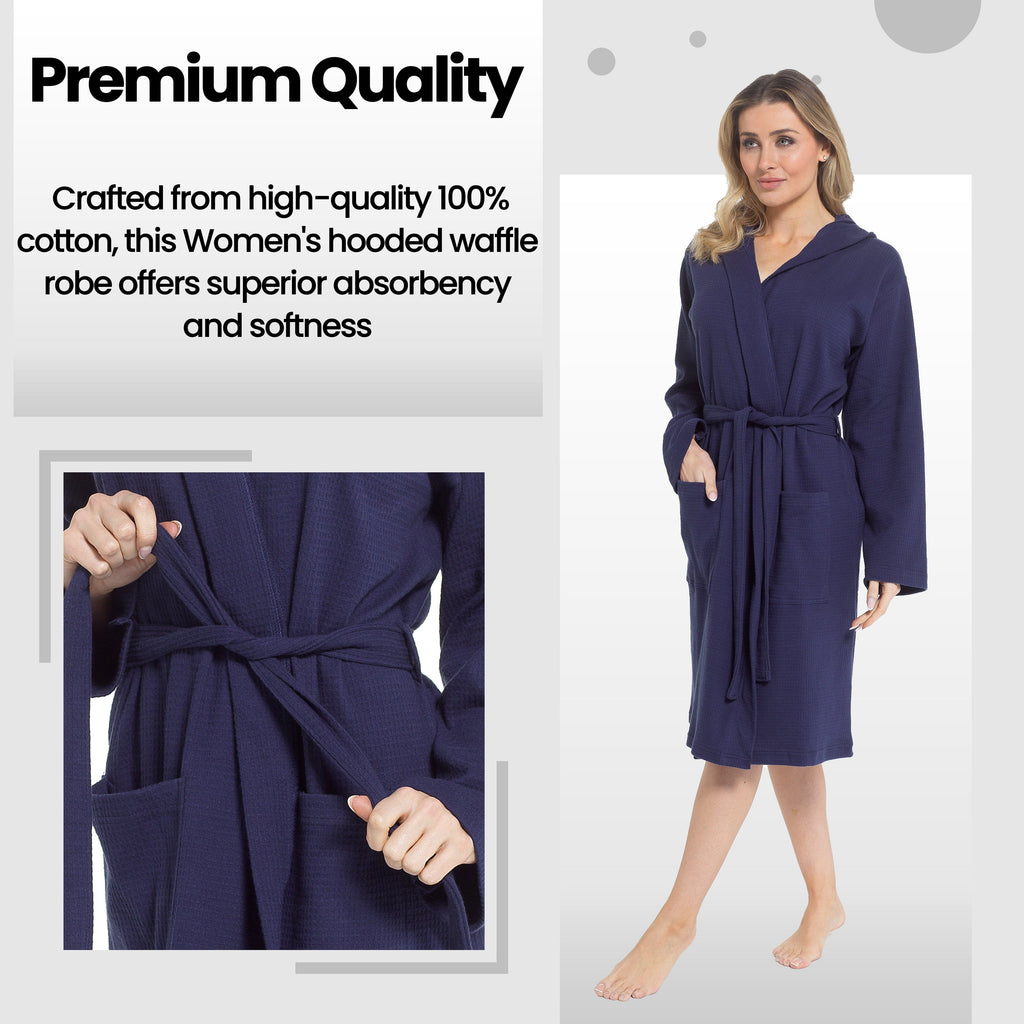 Women's Hooded Waffle Cotton Bathrobe Navy 100% Cotton Super Absorbent Spa