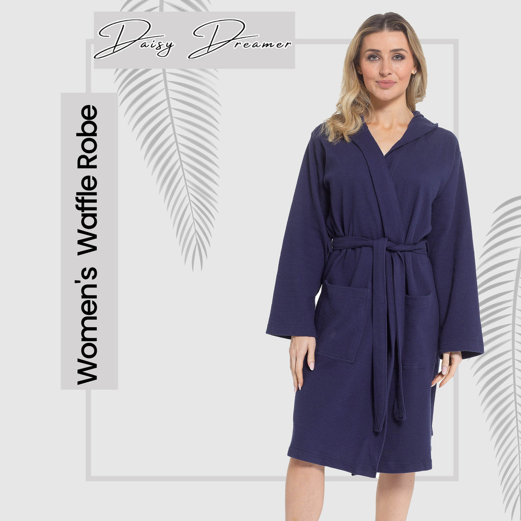 Women's Hooded Waffle Cotton Bathrobe Navy 100% Cotton Super Absorbent Spa