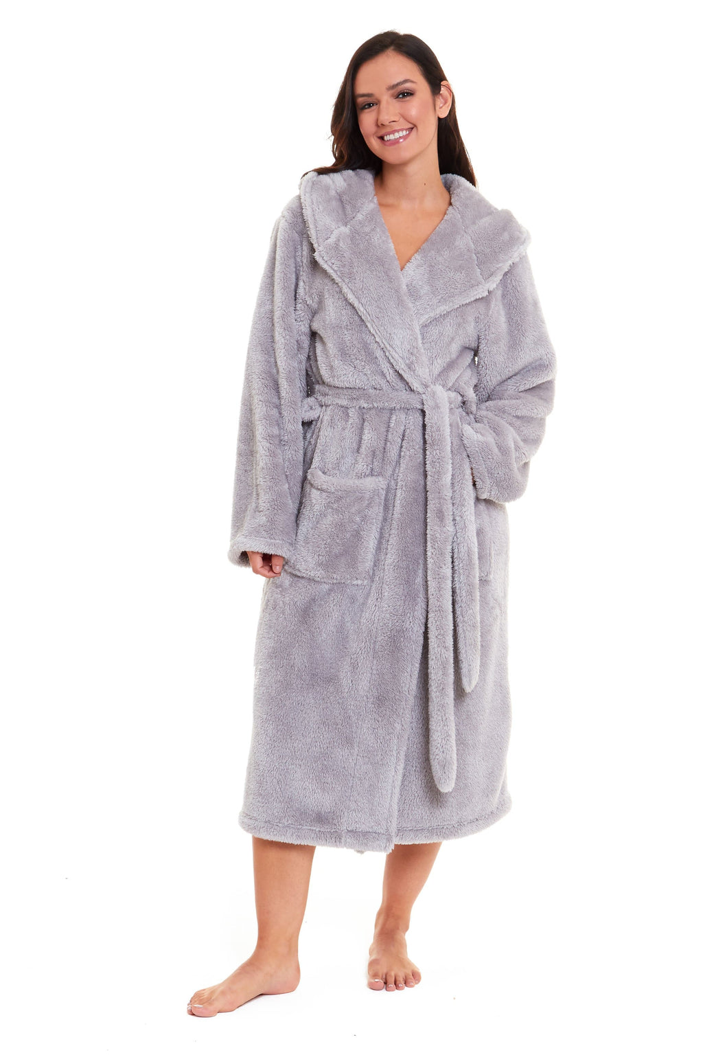 OLIVIA ROCCO Hooded Robe Women Grey Velvet Touch Fleece Soft Durable
