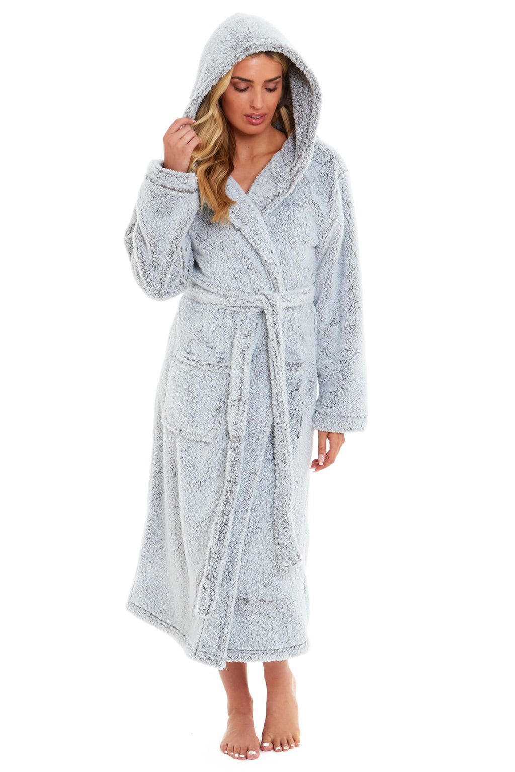 Women's Shimmer Grey Hooded Fleece Dressing Gown, Velvet Touch