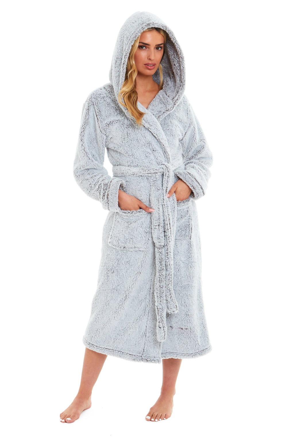 Women's Shimmer Grey Hooded Fleece Dressing Gown, Velvet Touch