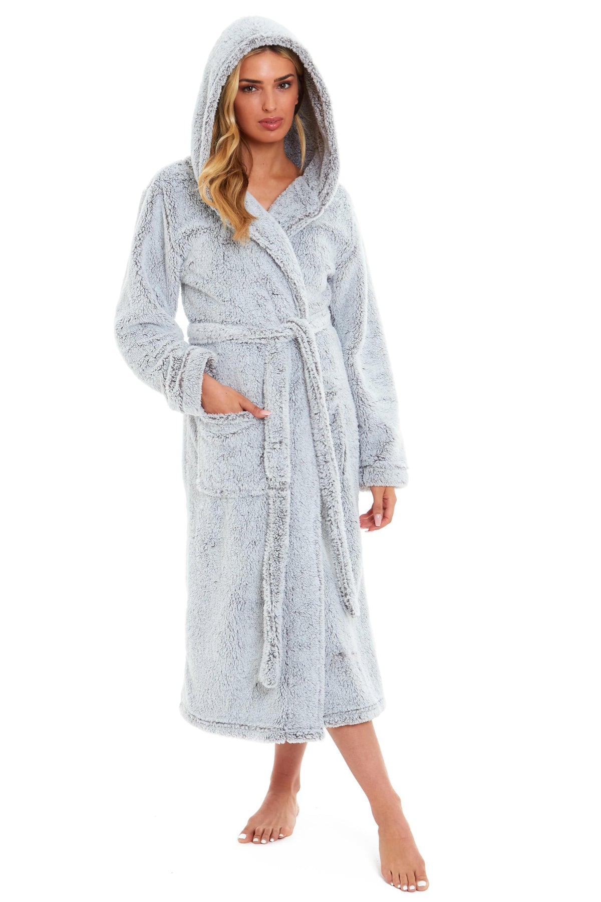 Women's Shimmer Grey Hooded Fleece Dressing Gown, Velvet Touch