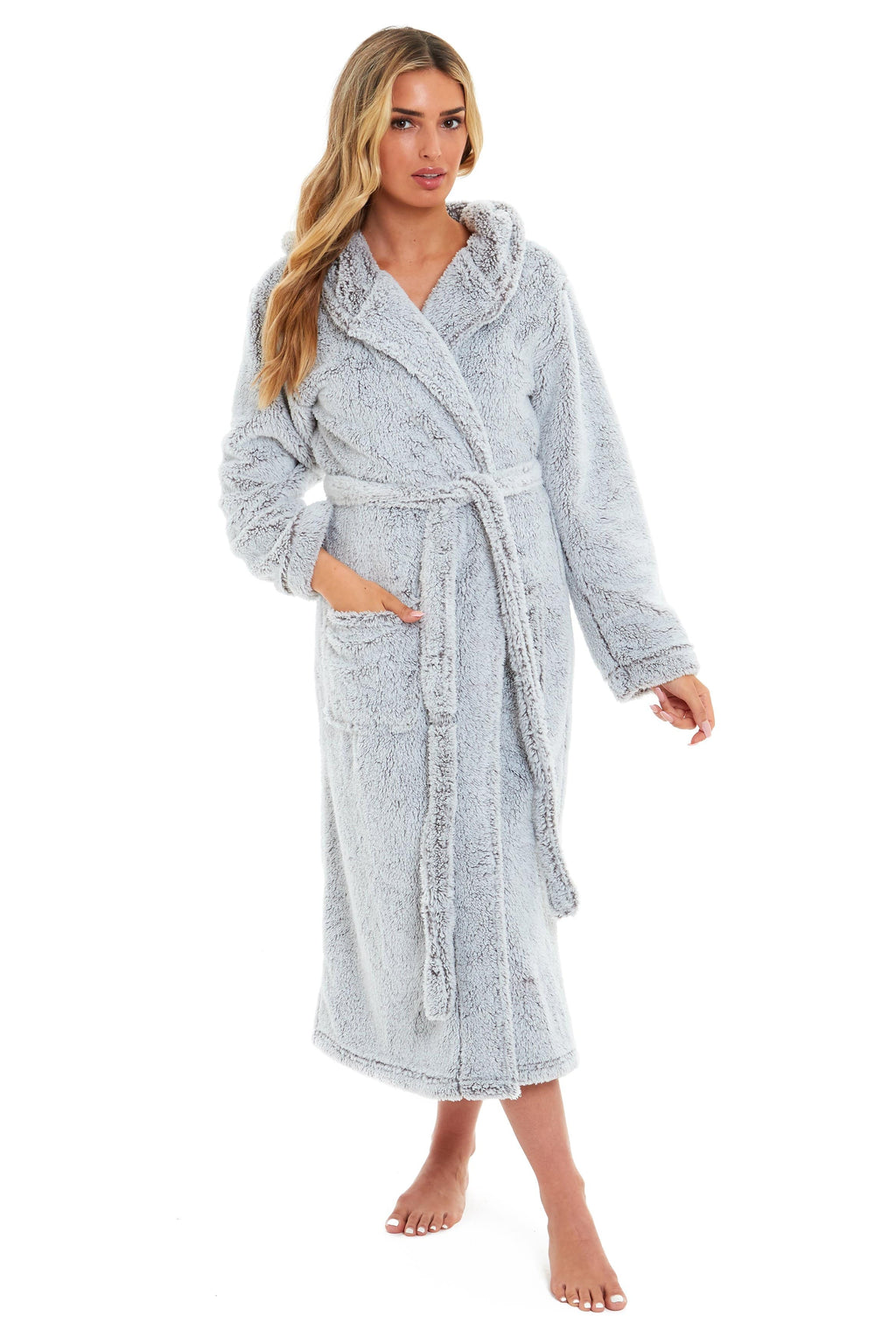 Women's Shimmer Grey Hooded Fleece Dressing Gown, Velvet Touch