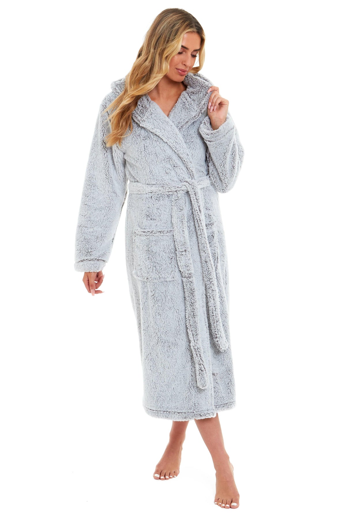 Women's Shimmer Grey Hooded Fleece Dressing Gown, Velvet Touch