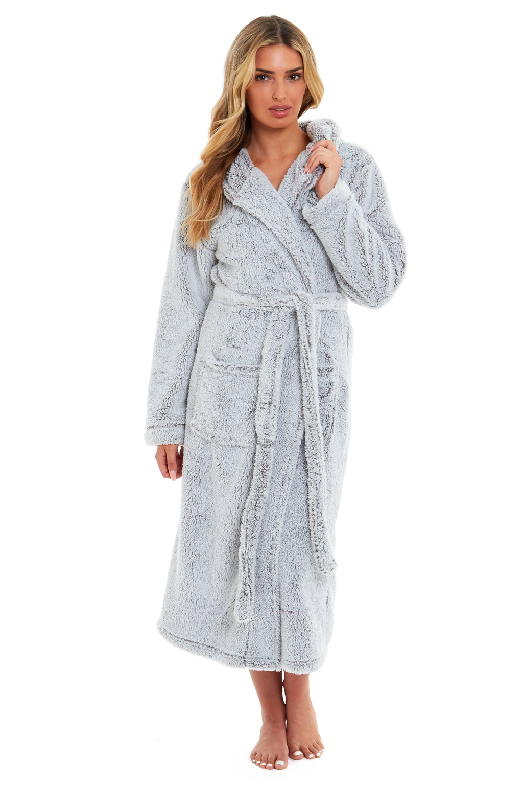 Women's Shimmer Grey Hooded Fleece Dressing Gown, Velvet Touch