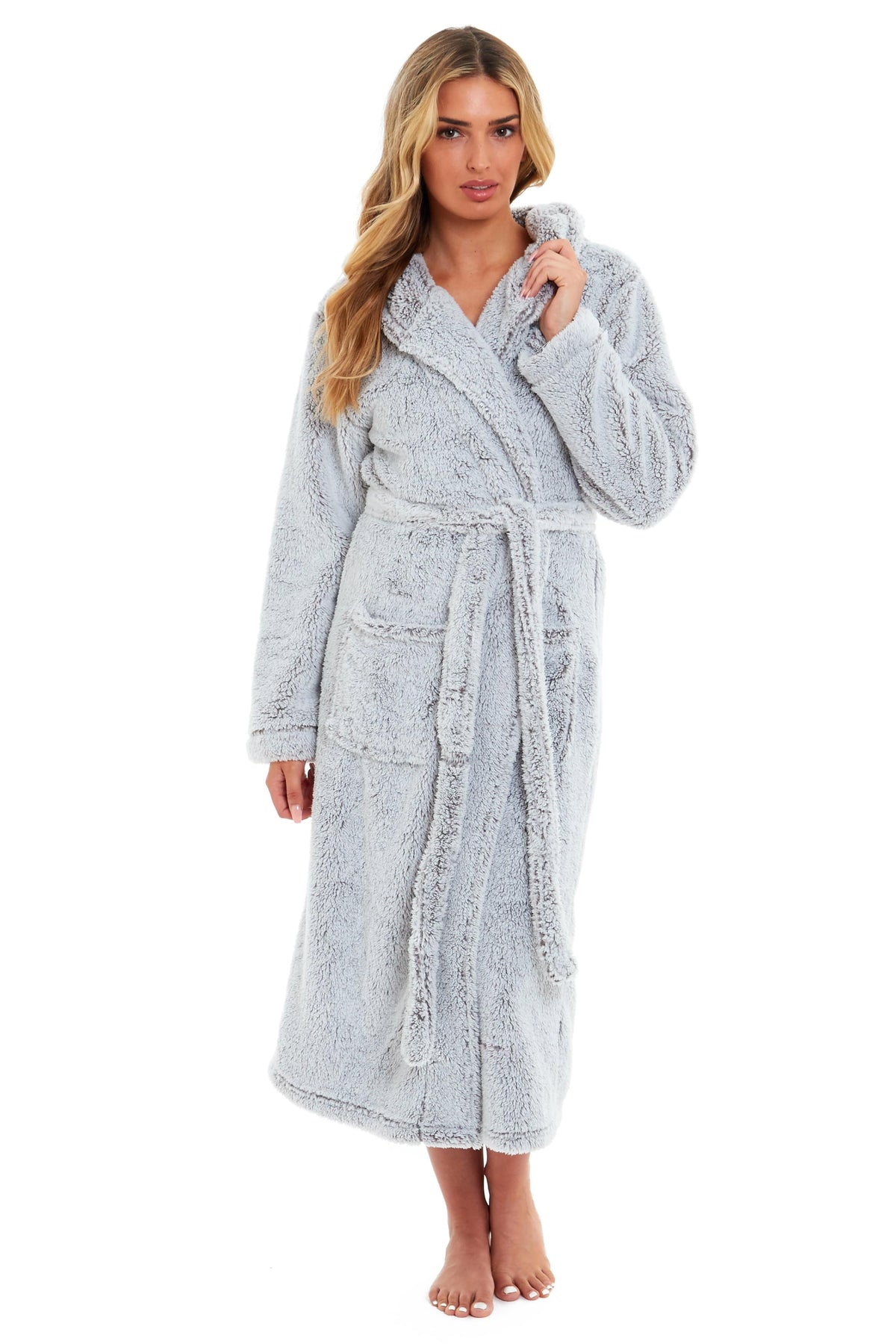 Women's Shimmer Grey Hooded Fleece Dressing Gown, Velvet Touch