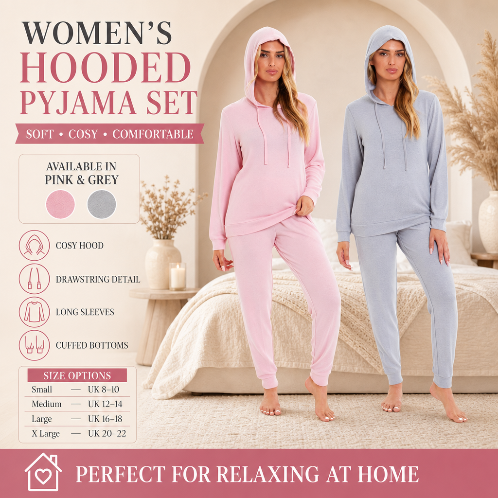 Women's Hooded Pyjama Set, Pink Grey Long Sleeve Hoodie