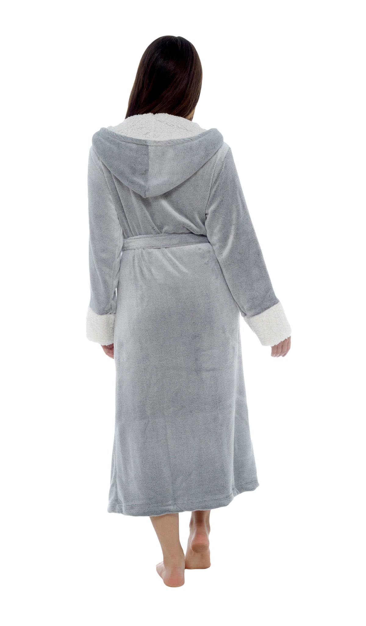 Women's Shimmer Grey Fleece Dressing Gown With Sherpa Fur Hood