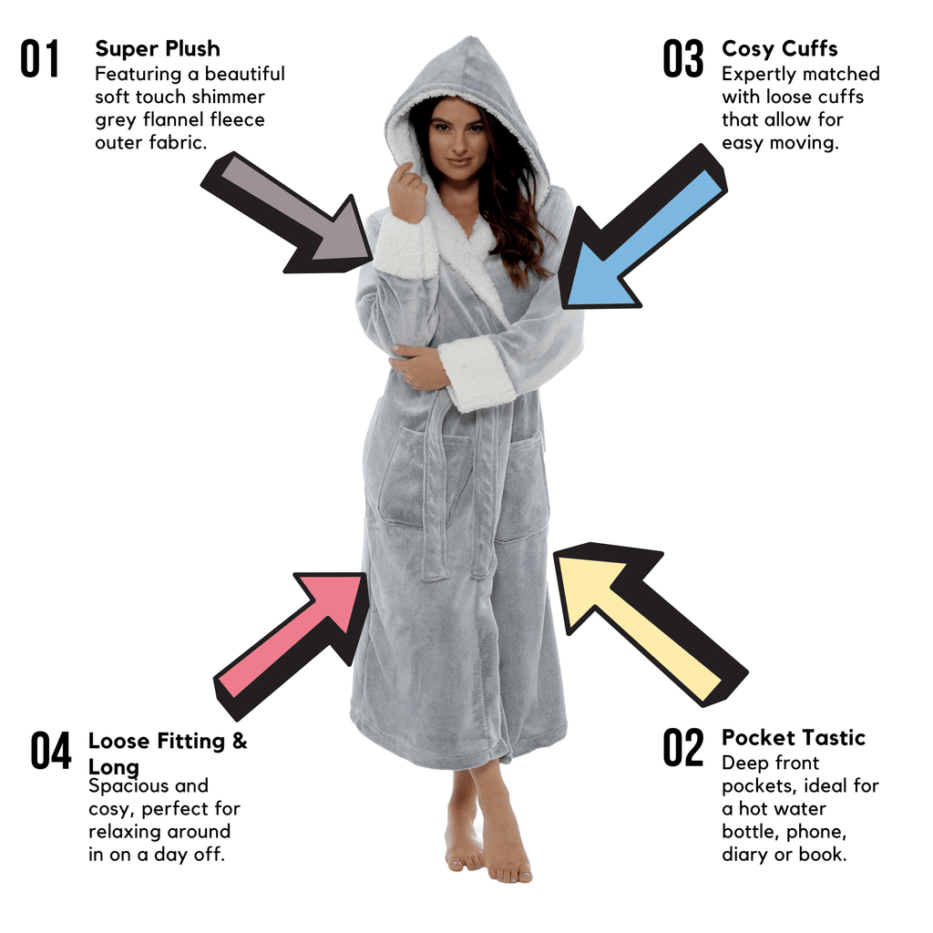 Women's Shimmer Grey Fleece Dressing Gown With Sherpa Fur Hood