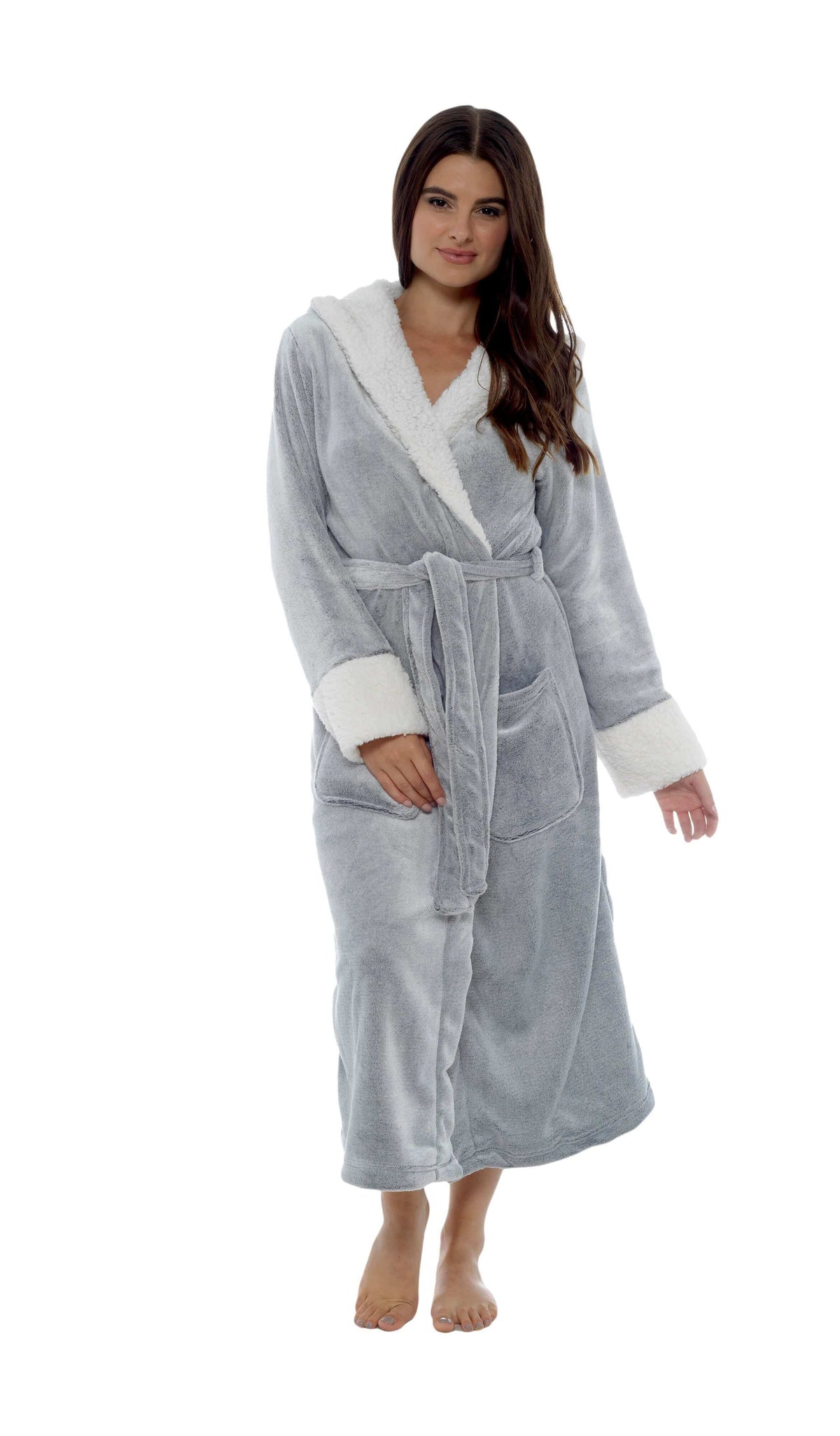 Women's Shimmer Grey Fleece Dressing Gown With Sherpa Fur Hood