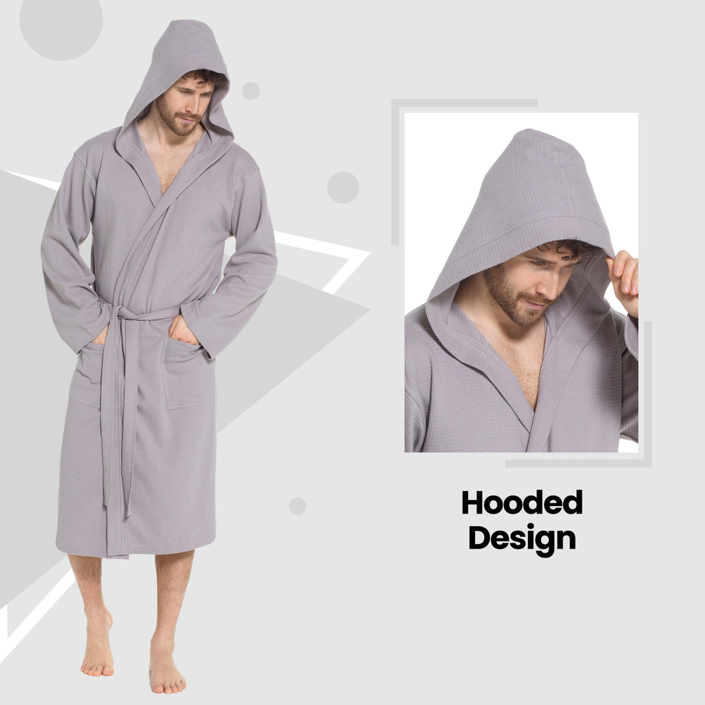 Men's Hooded Waffle Cotton Bathrobe Grey 100% Cotton Super Absorbent