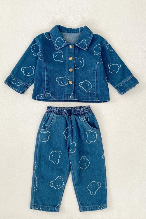 Baby Embroidered Bear Denim Two-Piece Set