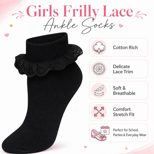 6 Pairs Black Girls Tutu Frilly Ankle Socks With Lace And Bow Super Soft