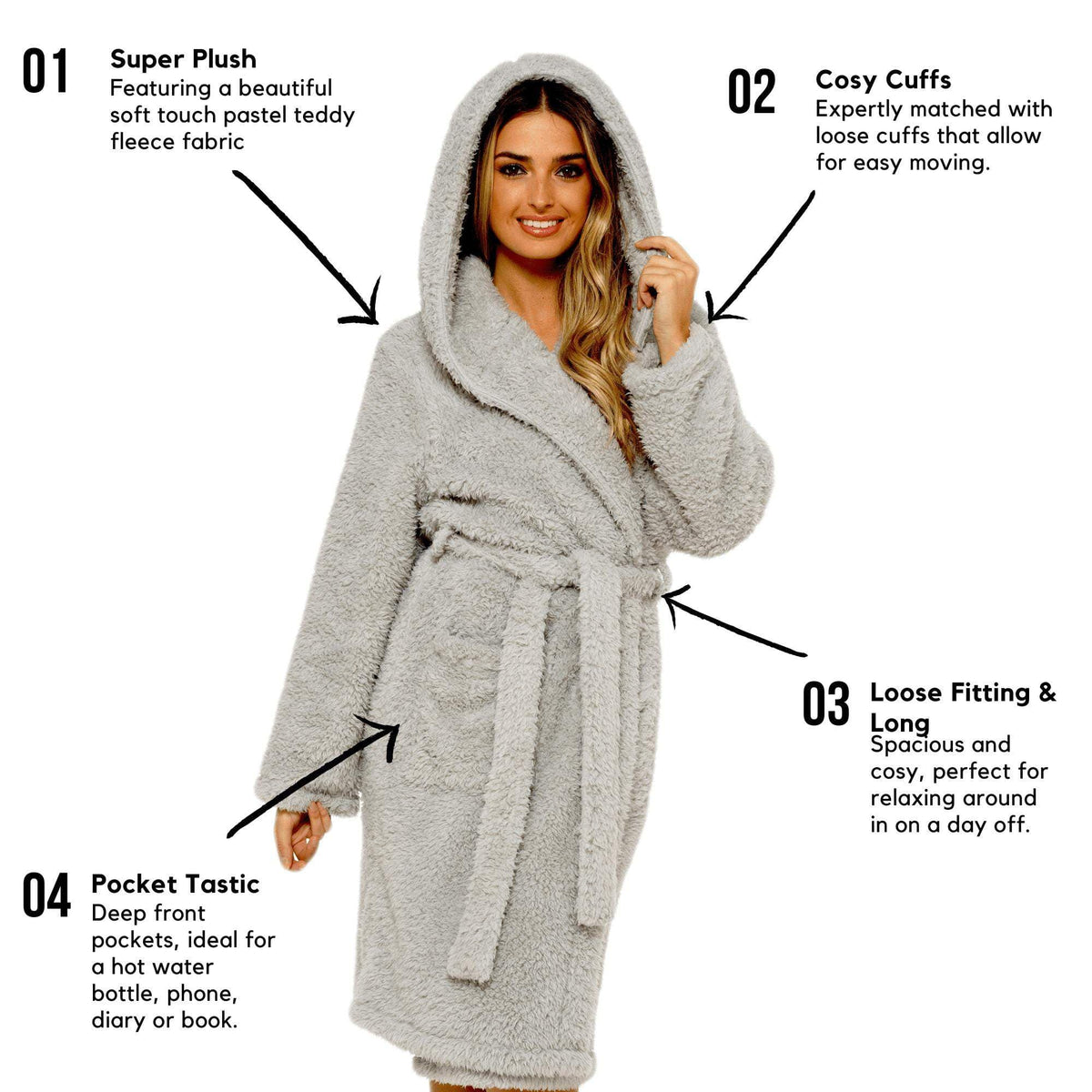 Women's Grey Teddy Fleece Hooded Bath Robe