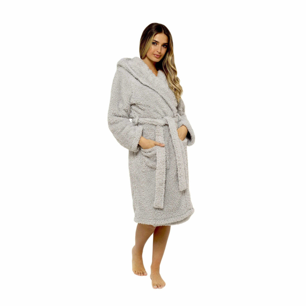 Women's Grey Teddy Fleece Hooded Bath Robe