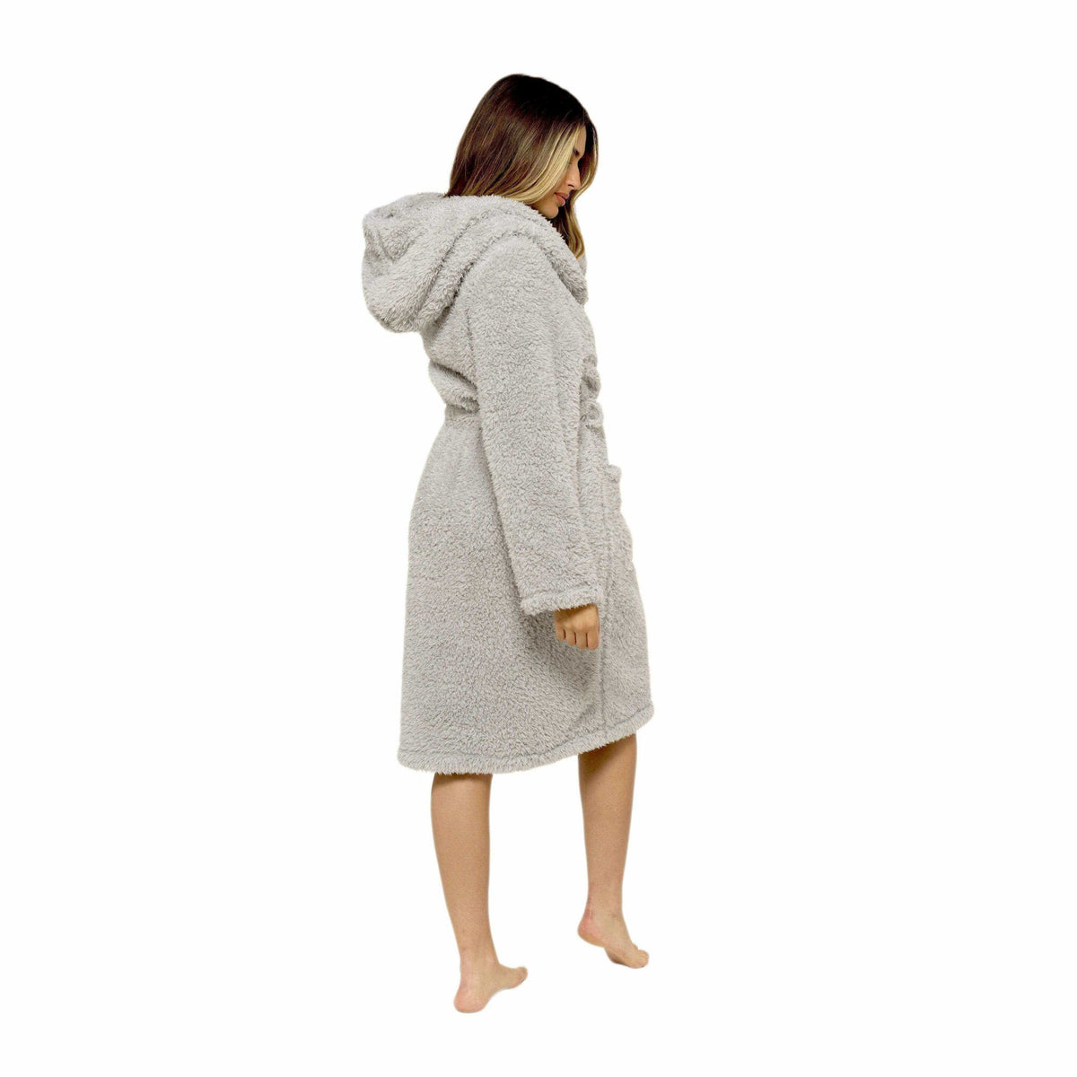 Women's Grey Teddy Fleece Hooded Bath Robe