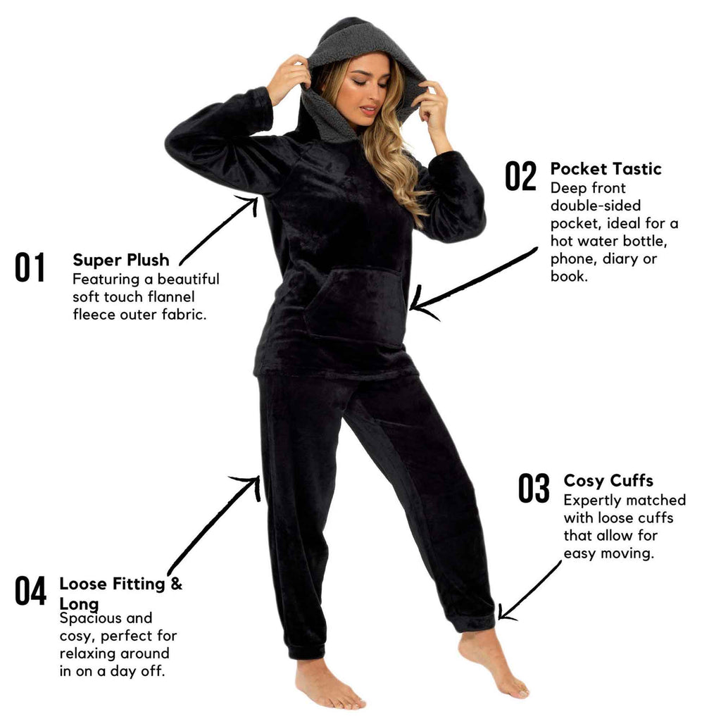 Women's Plush Fleece Hooded Pyjama Set Ultra Soft Winter